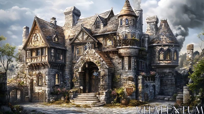 Medieval stone manor glows with warm, enchanting lamplight.