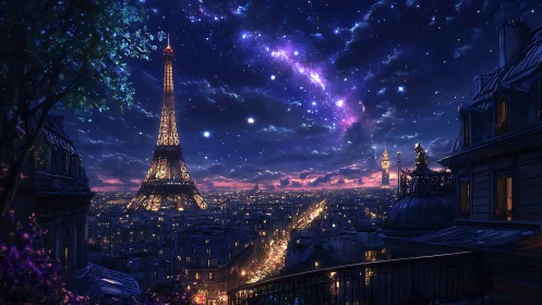 Starlit Paris skyline glows beneath a luminous cosmic band.
