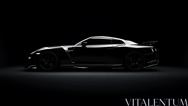 Sleek black sports car resting in dramatic studio light.