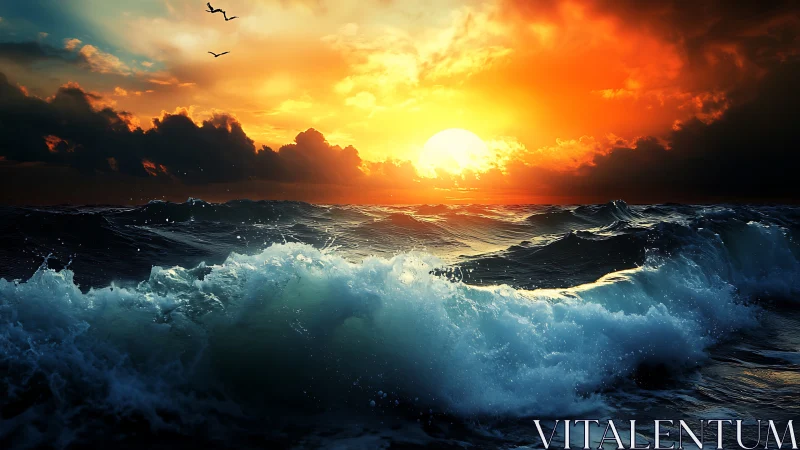 Glowing sunset sinks gently into rolling, powerful ocean waves