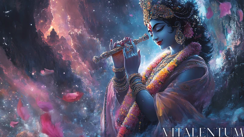 Divine blue figure playing flute in cosmic floral scene.