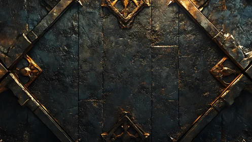 Digital painting of worn metallic geometric gate surface design.