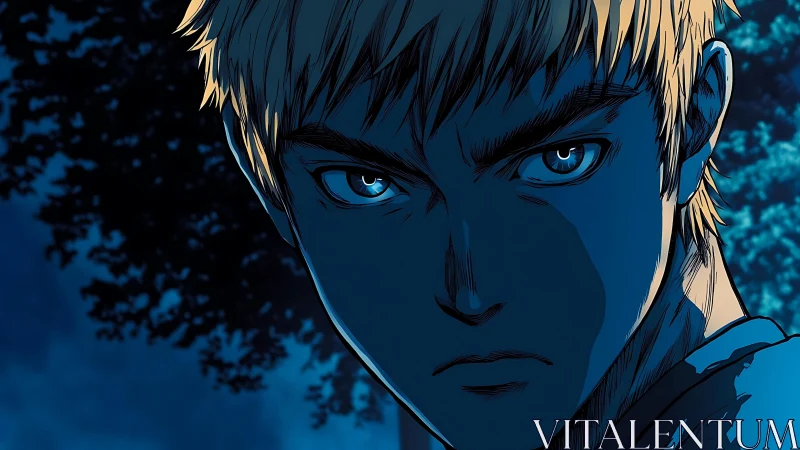 Intense blond anime warrior framed by deep night shadows
