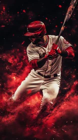 Baseball slugger explodes through fiery crimson energy field.
