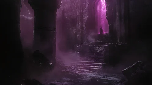 Cloaked wanderer ascending a violet voidlit ruin portal.