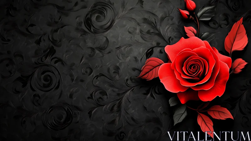 Crimson Rose Against Ornamental Black Baroque Scrollwork Background