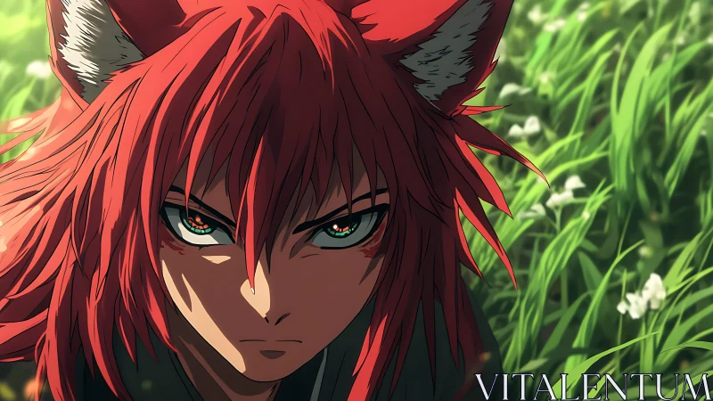 Fierce fox warrior with blazing eyes in soft green meadow.