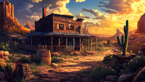 Sunset light wraps a weathered desert saloon in quiet charm
