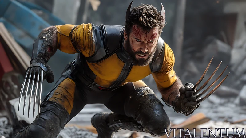 Ferocious clawed mutant in combat-ready crouch amid ruins.