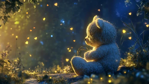 Teddy bear resting in glowing forest with soft heart lights.