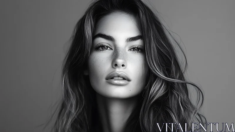 Monochrome portrait captures serene, intense female gaze.