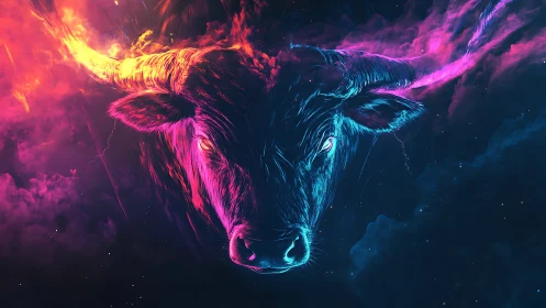 Neon bull head emerges from contrasting magenta and cyan nebula