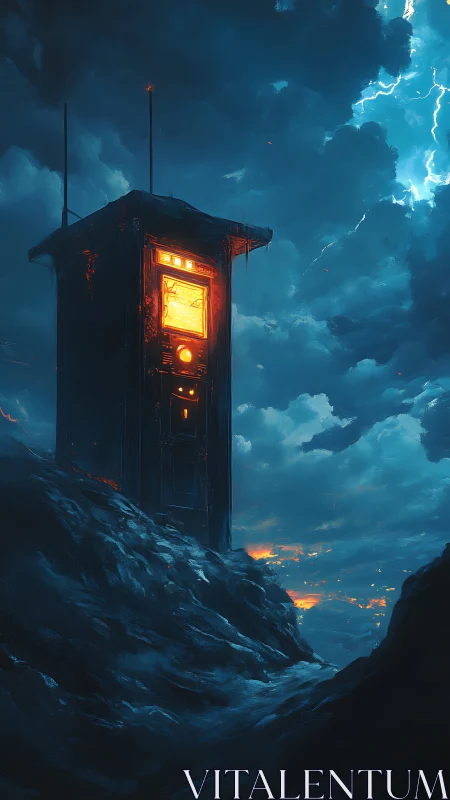 Isolated tower with illuminated panel amid storm clouds.