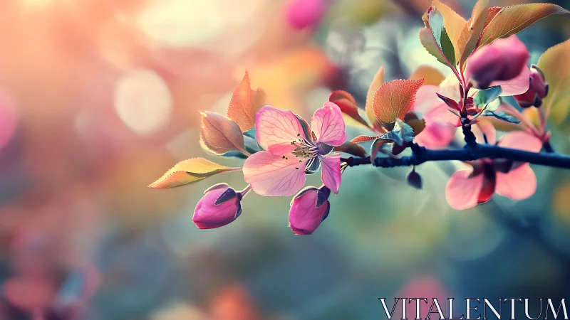 Spring Blossoms on Branch with Soft Bokeh Background.