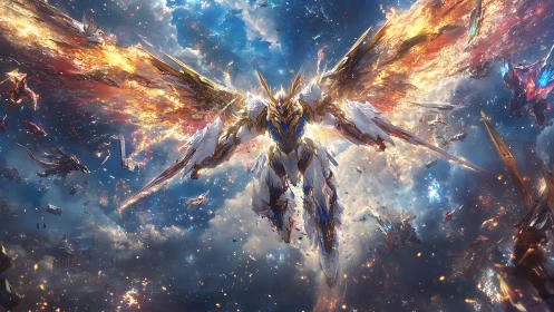 Winged armored mech in luminous aerial combat field.