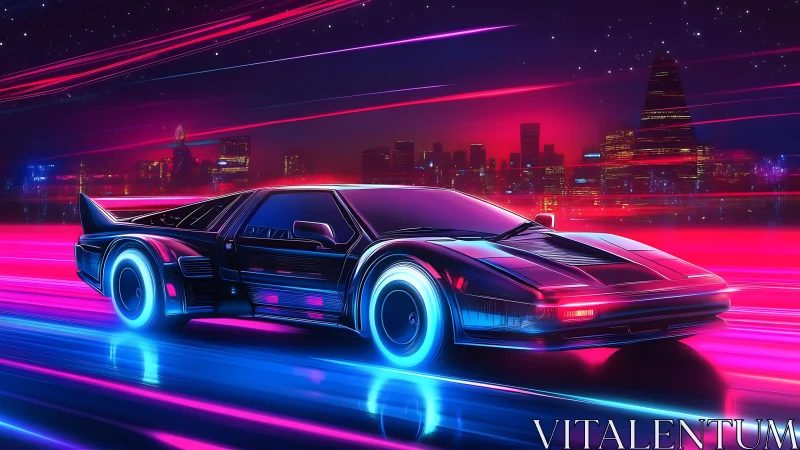 Neon-lit retro supercar rendered with high-gloss reflections in motion