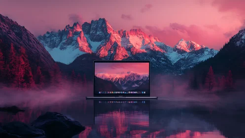Laptop screen mirrors neon alpine landscape over misty lake