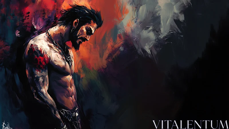 Brooding warrior in chiaroscuro chromatic turbulence profile.