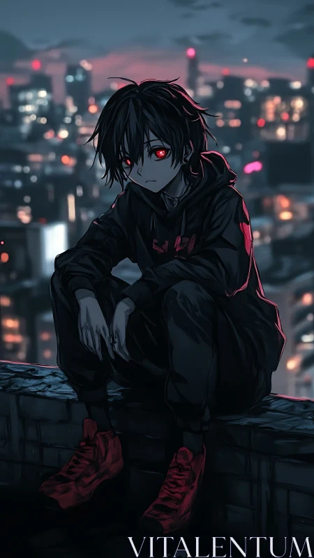 Edgy anime boy with red eyes on rooftop at night.