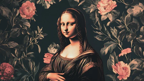 Digital painting reinterpretation of Mona Lisa with floral surround.