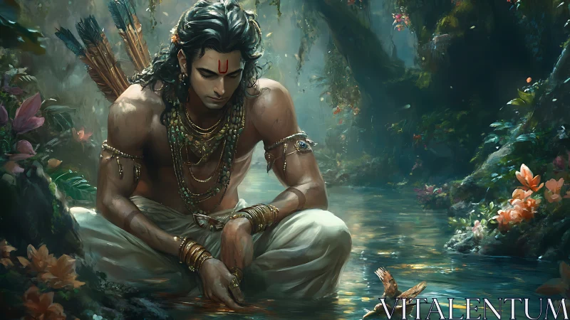 Divine archer in forest stream, meditative pose, avian contact