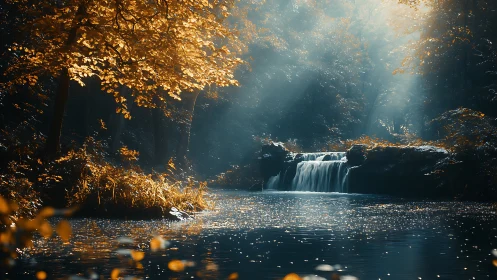 Sunlit forest waterfall shimmers through autumn haze.