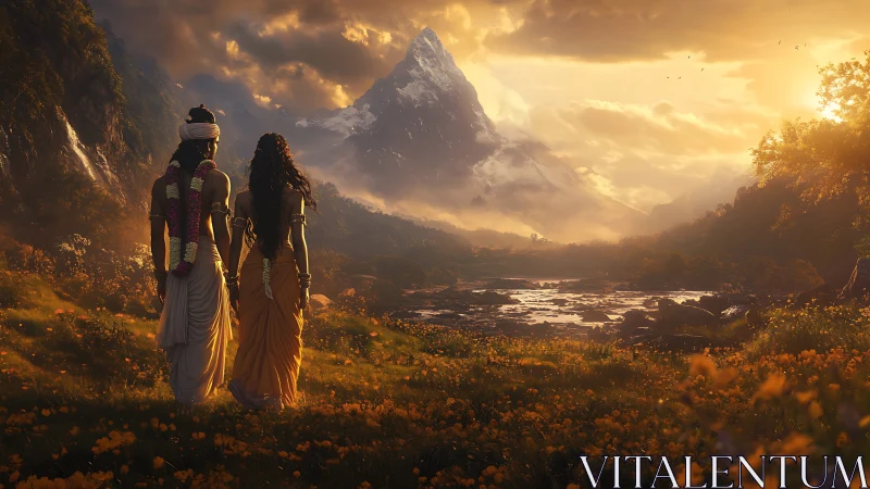 Sunlit wanderers drift toward a story-soaked mountain horizon