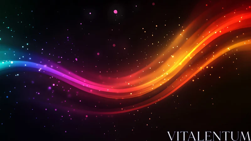 Colorful light waves on dark background with glowing dust.