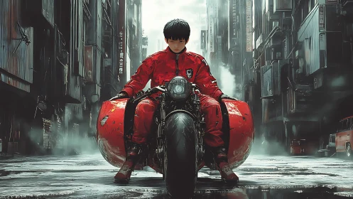 Cybernetic courier on mono-wheel hoverbike in dystopian alley.