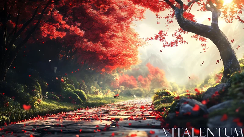 Sunlit stone path under vivid crimson forest canopy.
