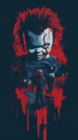 Sinister killer doll looms over blood-splattered corridor.