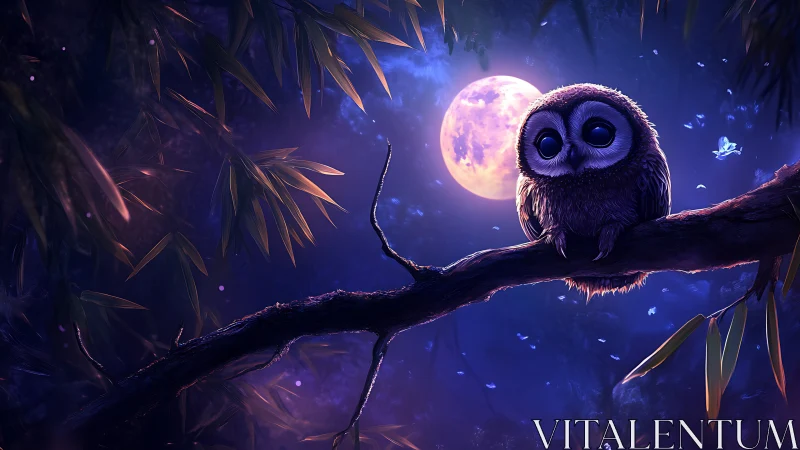 Moonlit owl rests on forest branch in dreamy violet night