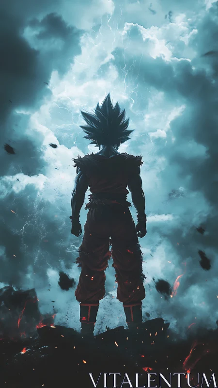 Backlit warrior silhouette confronts charged storm cloud vortex