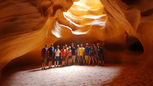 Group of hikers under sculpted sandstone skylight glow.