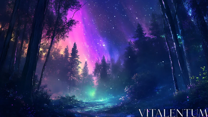 Bioluminescent Forest Aurora: Digital Rendering of Ethereal Woodland Passage.