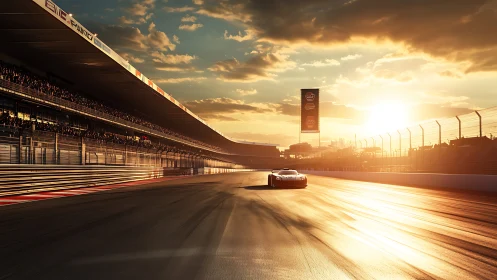 Sunlit race car gliding along a glowing evening track.