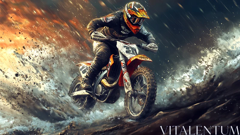 Motocross rider powers through wet dirt in dynamic motion