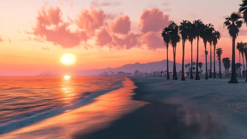 Soft sunset glow over palm-lined shore and gentle waves.