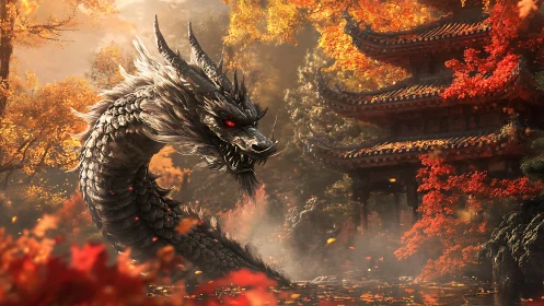 Autumn temple wyrm coils through ember leaves and legend.