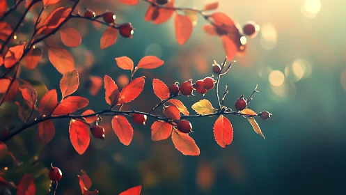 Autumn branch with red leaves and berries, soft dreamy bokeh.