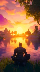 Quiet gamer unwinds by a glowing lakeside sunset sky.