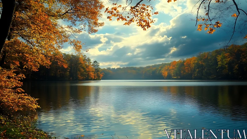 Autumn forest lake shimmers under dramatic afternoon clouds.