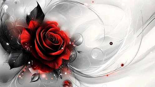 Crimson Rose with Black Foliage: Digital Floral Composition.