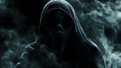 Hooded wraith entity emerging through swirling spectral fog.