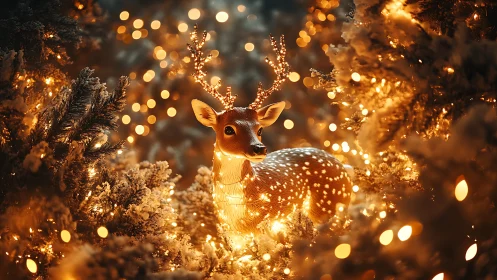 Glowing reindeer sculpture illuminates snowy festive forest