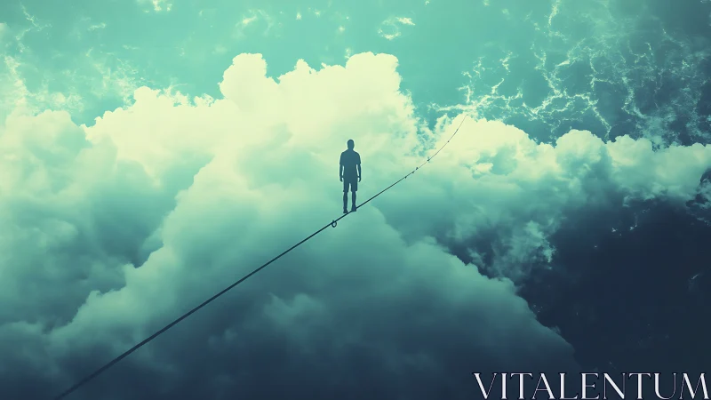 Dreamy tightrope wanderer drifting above teal clouds.
