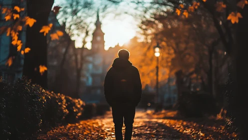 Backlit solitary figure on autumn city path at sunset.