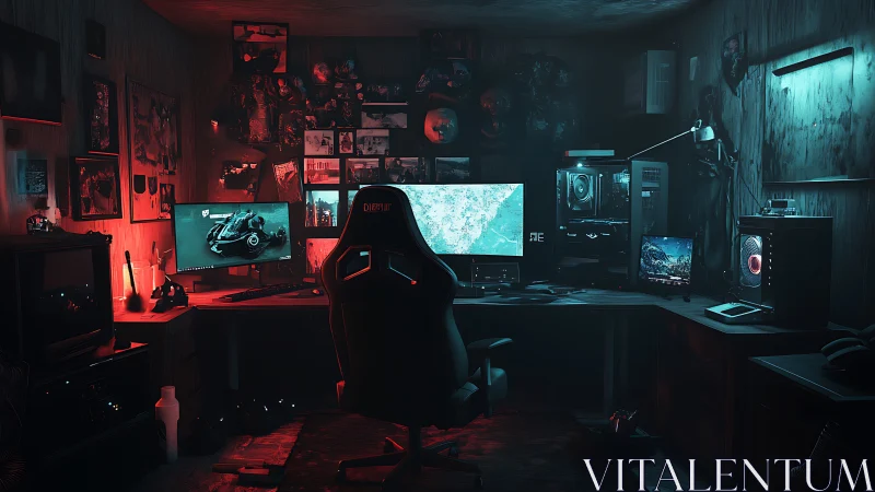 Neon gamer sanctuary aglow in red and cyan command lights.