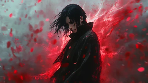 Brooding dark warrior stands in swirling red storm of power