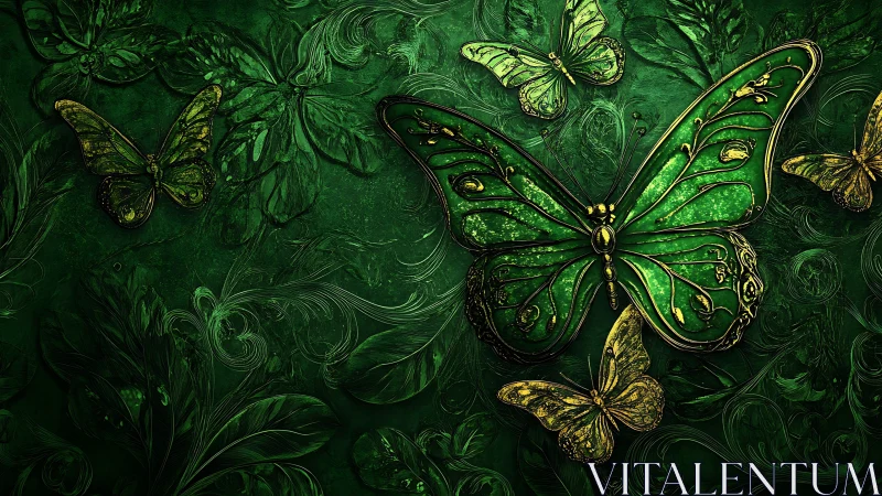 Emerald butterflies with filigree wings dominate ornate foliage field